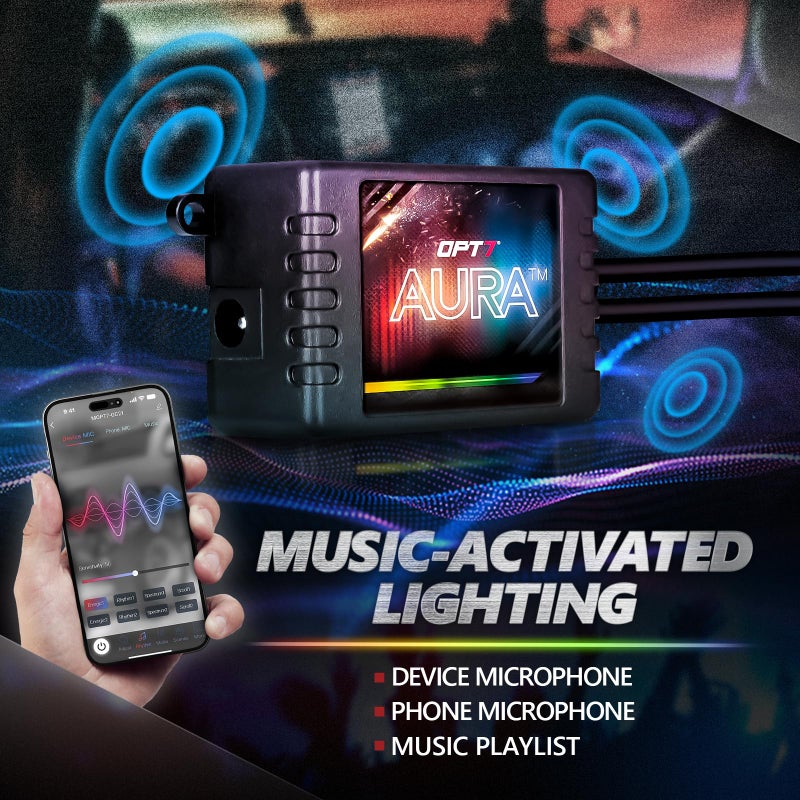 OPT7 Aura Pro Interior Car Lights with App & Remote Control, Multicolor Change, Music Sync Inside Ambient Lighting Kit, Car SUV Van Under Dash Decor, 12V Charger Adapter, 4PC Single Row LED Strip - Image 5